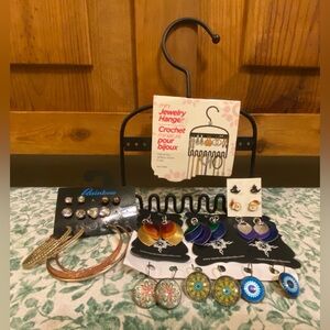 Large Bundle Of Various Earrings & Mini Jewelry Hanger For Earrings & Necklaces